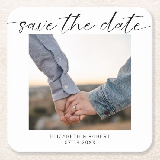 Minimalistisches Save the Date Foto Modernes Skrip Rechteckiger Pappuntersetzer (Vorderseite)