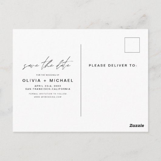 Minimalistisches Save the Date Postkartenskript-Fo Postkarte (Rückseite)