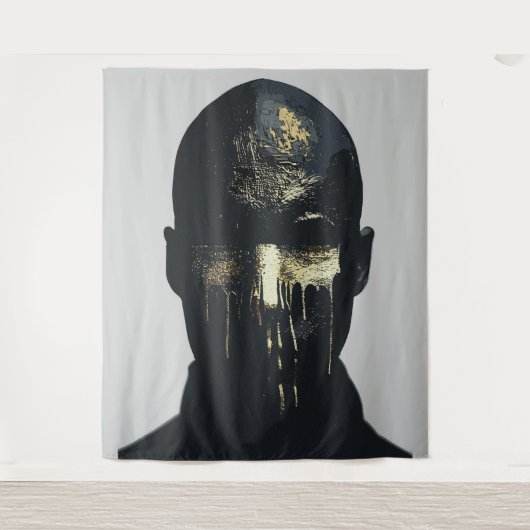 Minimalistisches Schwarz/Gold Abstraktes Portrait Wandteppich (Vorderseite)