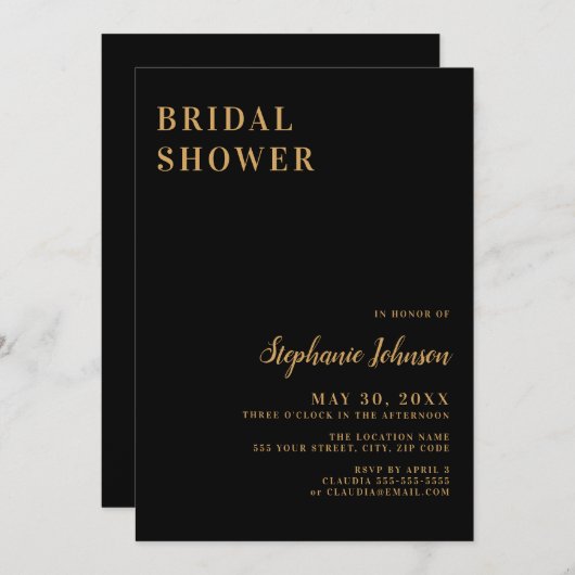 Minimalistisches Schwarz-Gold-Brautparty Einladung (Vorne/Hinten)
