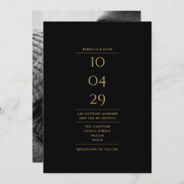 Minimalistisches Schwarz-Gold-Foto-Hochzeitstag Einladung