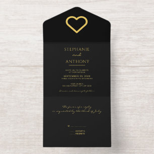 Minimalistisches Schwarz-Gold-Herz Moderne Hochzei All-in-One-Einladung