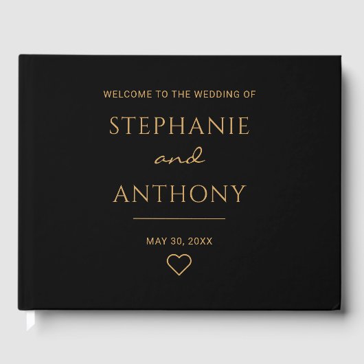 Minimalistisches Schwarz-Gold-Herz Moderne Hochzei Gästebuch (Vorderseite)