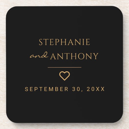 Minimalistisches Schwarz-Gold-Herz Moderne Hochzei Getränkeuntersetzer (Vorderseite)