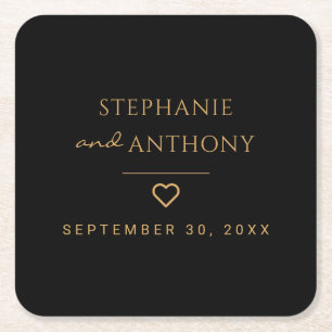 Minimalistisches Schwarz-Gold-Herz Moderne Hochzei Rechteckiger Pappuntersetzer