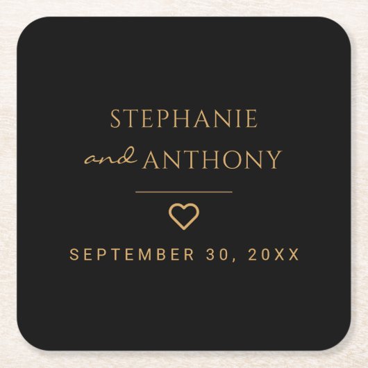 Minimalistisches Schwarz-Gold-Herz Moderne Hochzei Rechteckiger Pappuntersetzer (Vorderseite)