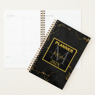Minimalistisches Schwarz-Gold-Marmormonogramm Planer
