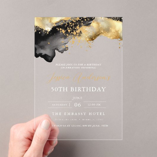 Minimalistisches Schwarz-Gold-Script 50. Geburtsta Acryleinladungen (Insitu (Handheld))
