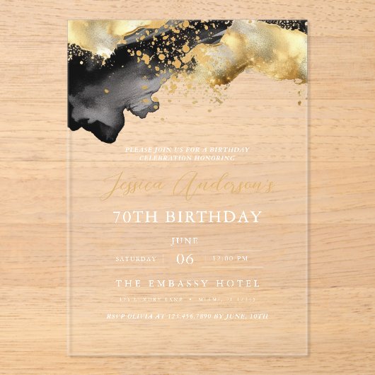 Minimalistisches Schwarz-Gold-Script 70. Geburtsta Acryleinladungen (Vorderseite)