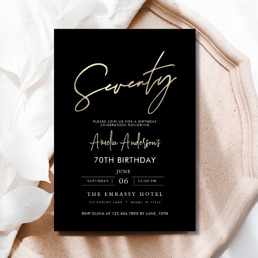 Minimalistisches Schwarz-Gold-Script 70. Geburtsta Einladung