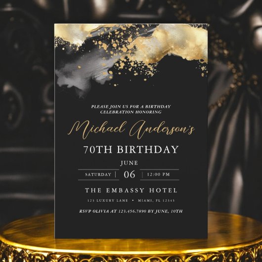 Minimalistisches Schwarz-Gold-Script 70. Geburtsta Einladung