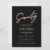 Minimalistisches Schwarz-Gold-Script 70. Geburtsta Einladung (Vorderseite)