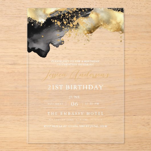 Minimalistisches Schwarz-Gold-Script am 21. Geburt Acryleinladungen (Vorderseite)