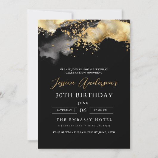 Minimalistisches Schwarz-Gold-Script zum 30. Gebur Einladung (Vorderseite)