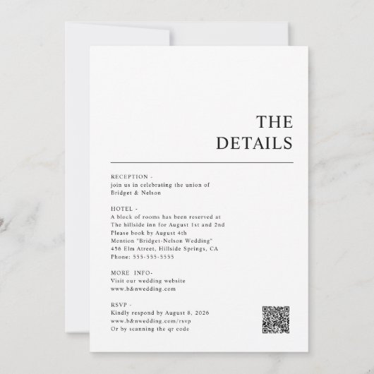 Minimalistisches Schwarz in einem QR-Code Hochzeit Einladung (Rückseite)
