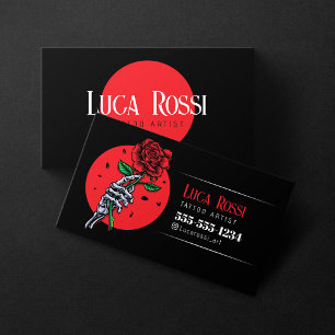 Minimalistisches Schwarz-Rot-Rosen-Tätowierer-Gesc Visitenkarte
