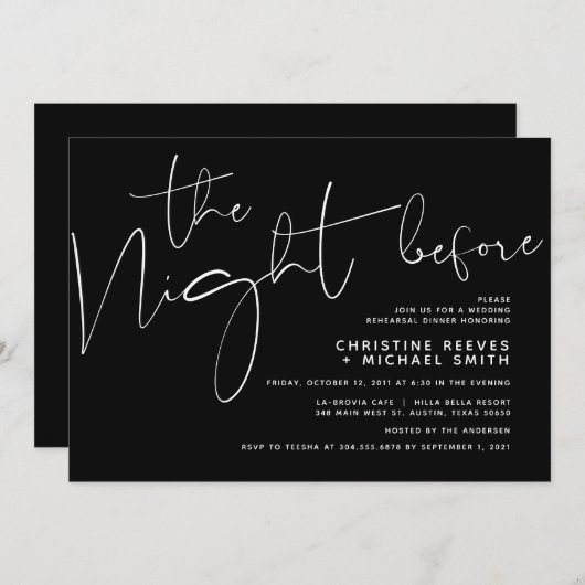 Minimalistisches Schwarz-Script-Hochzeit-Probe-Din Einladung (Vorne/Hinten)