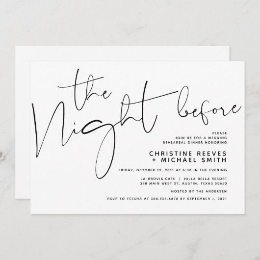 Minimalistisches Schwarz-Script-Hochzeit-Probe-Din Einladung (Vorne/Hinten)