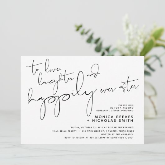 Minimalistisches Schwarz-Script-Hochzeitsessen Pro Einladung (Stehend Vorderseite)