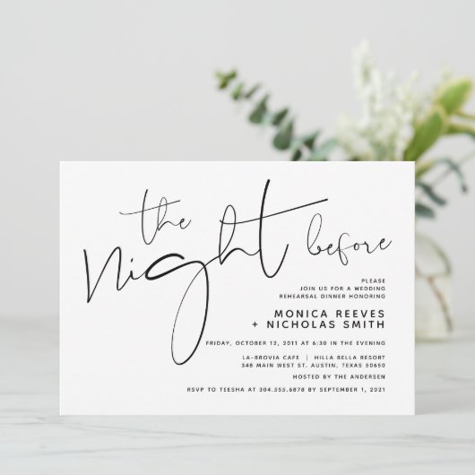 Minimalistisches Schwarz-Script-Hochzeitsessen Pro Einladung (Stehend Vorderseite)