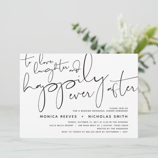 Minimalistisches Schwarz-Script-Hochzeitsessen Pro Einladung (Stehend Vorderseite)