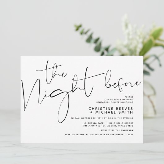 Minimalistisches Schwarz-Script-Hochzeitsessen Pro Einladung (Stehend Vorderseite)