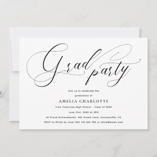 Minimalistisches Schwarz-Script-Party Einladung (Vorderseite)