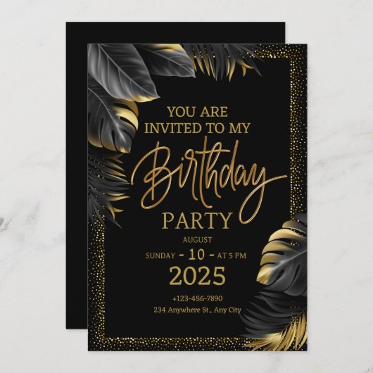 Minimalistisches Schwarz und Gold Einladung zum Ge (Vorne/Hinten)