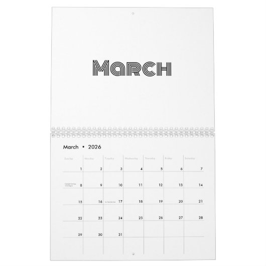 Minimalistisches Schwarz und Weiß Kalender (Mär 2026)