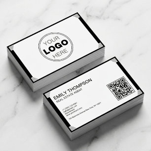 Minimalistisches Schwarz-Weiß-Art-Deco-Logo- QR-Co Visitenkarte