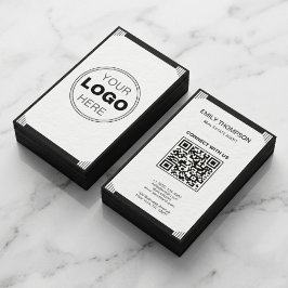 Minimalistisches Schwarz-Weiß-Art-Deco-Logo-QR-Cod Visitenkarte