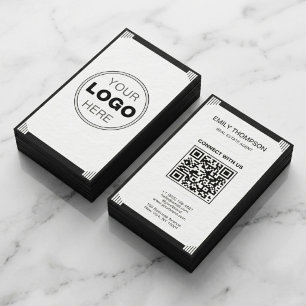 Minimalistisches Schwarz-Weiß-Art-Deco-Logo-QR-Cod Visitenkarte