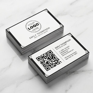 Minimalistisches Schwarz-Weiß-Art-Deco-Logo-QR-Cod Visitenkarte