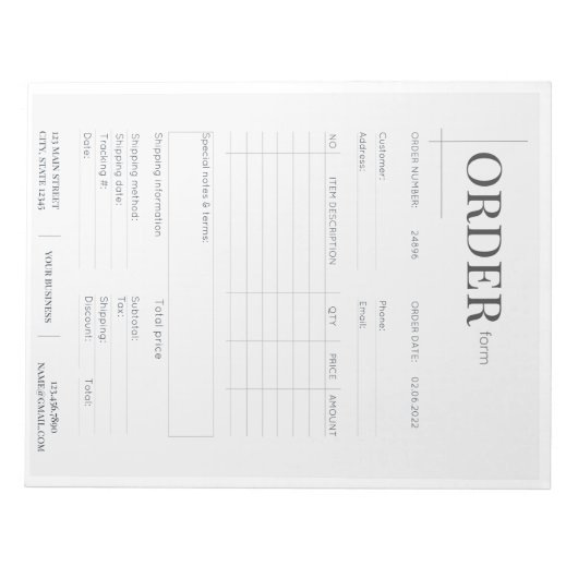 Minimalistisches Schwarz-Weiß-Bestellformular Notizblock (Vorderseite)