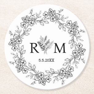 Minimalistisches Schwarz-Weiß-Blumen-Monogramm-Hoc Runder Pappuntersetzer