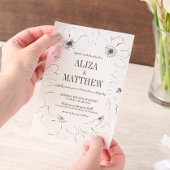 Minimalistisches Schwarz-Weiß-Blütenüberlagern Pergament Einladungen