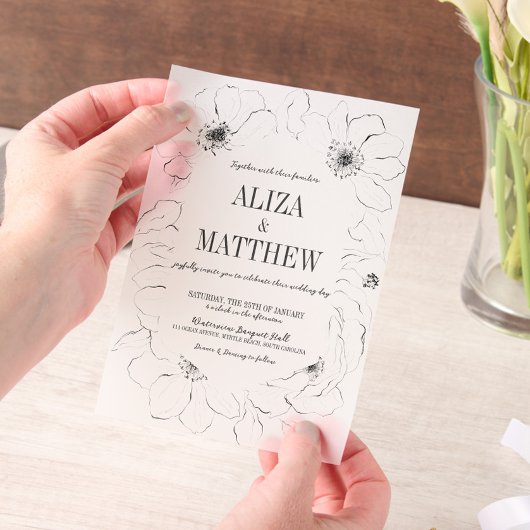 Minimalistisches Schwarz-Weiß-Blütenüberlagern Pergament Einladungen