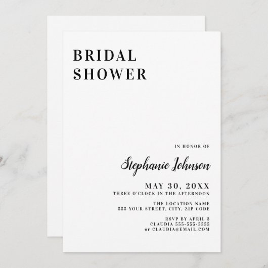 Minimalistisches Schwarz-Weiß-Brautparty Einladung (Vorne/Hinten)