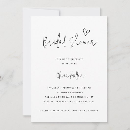 Minimalistisches Schwarz-Weiß-Brautparty Einladung (Vorderseite)