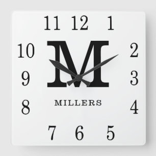 Minimalistisches Schwarz-Weiß-Familienname-Monogra Quadratische Wanduhr
