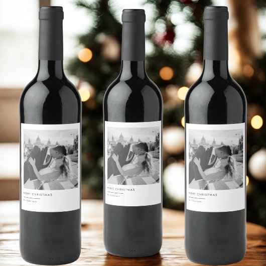 Minimalistisches Schwarz-Weiß-Foto Weihnachten Weinetikett