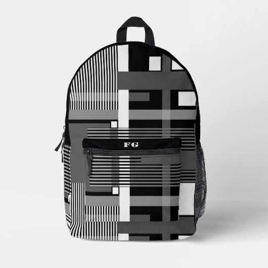 Minimalistisches Schwarz-weiß-graues geometrisches Bedruckter Rucksack (Vorderseite)