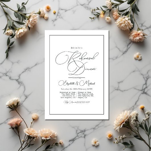 Minimalistisches Schwarz-Weiß-Hochzeitsessen Probe Einladung