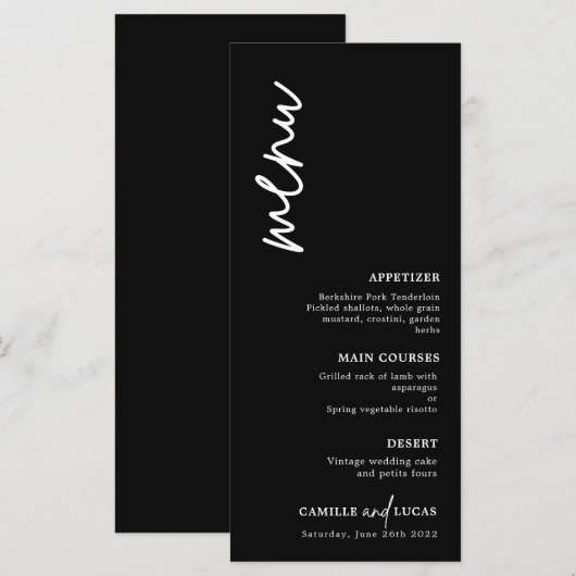 Minimalistisches Schwarz-Weiß-Hochzeitsmenü Menükarte (Vorne/Hinten)