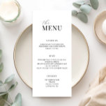 Minimalistisches Schwarz-Weiß-Hochzeitsmenü Menükarte<br><div class="desc">Modernes Hochzeitsmenü mit minimalistischem Typografie-Design in Schwarz/Weiß.</div>