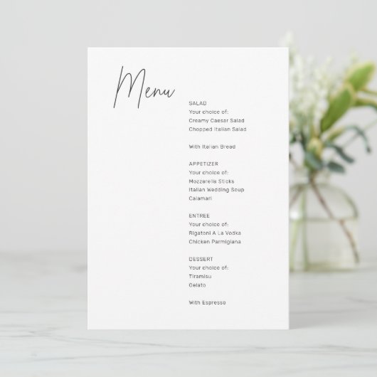 Minimalistisches Schwarz-Weiß-Hochzeitsmenü Menükarte (Stehend Vorderseite)