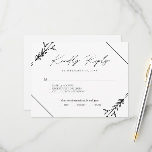 Minimalistisches Schwarz-Weiß-Hochzeitsmenü RSV RSVP Karte (Vorderseite/Rückseite Beispiel)