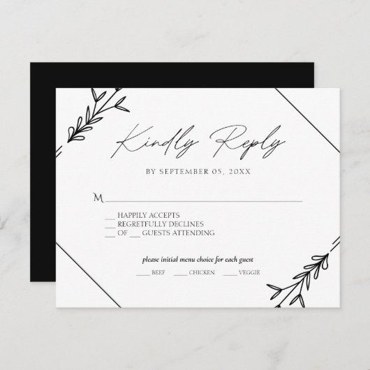 Minimalistisches Schwarz-Weiß-Hochzeitsmenü RSV RSVP Karte (Vorne/Hinten)