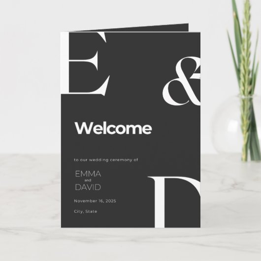 Minimalistisches Schwarz-Weiß-Hochzeitsprogramm Ca Programm (Vorderseite)