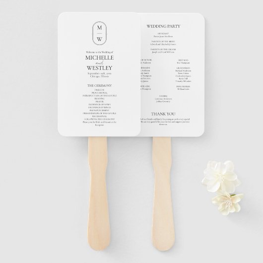 Minimalistisches Schwarz-Weiß-Hochzeitsprogramm fü Fächer (Vorne und Hinten)
